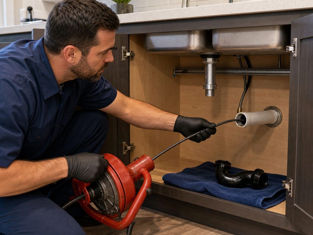 Plumber clearing a kitchen sink drain